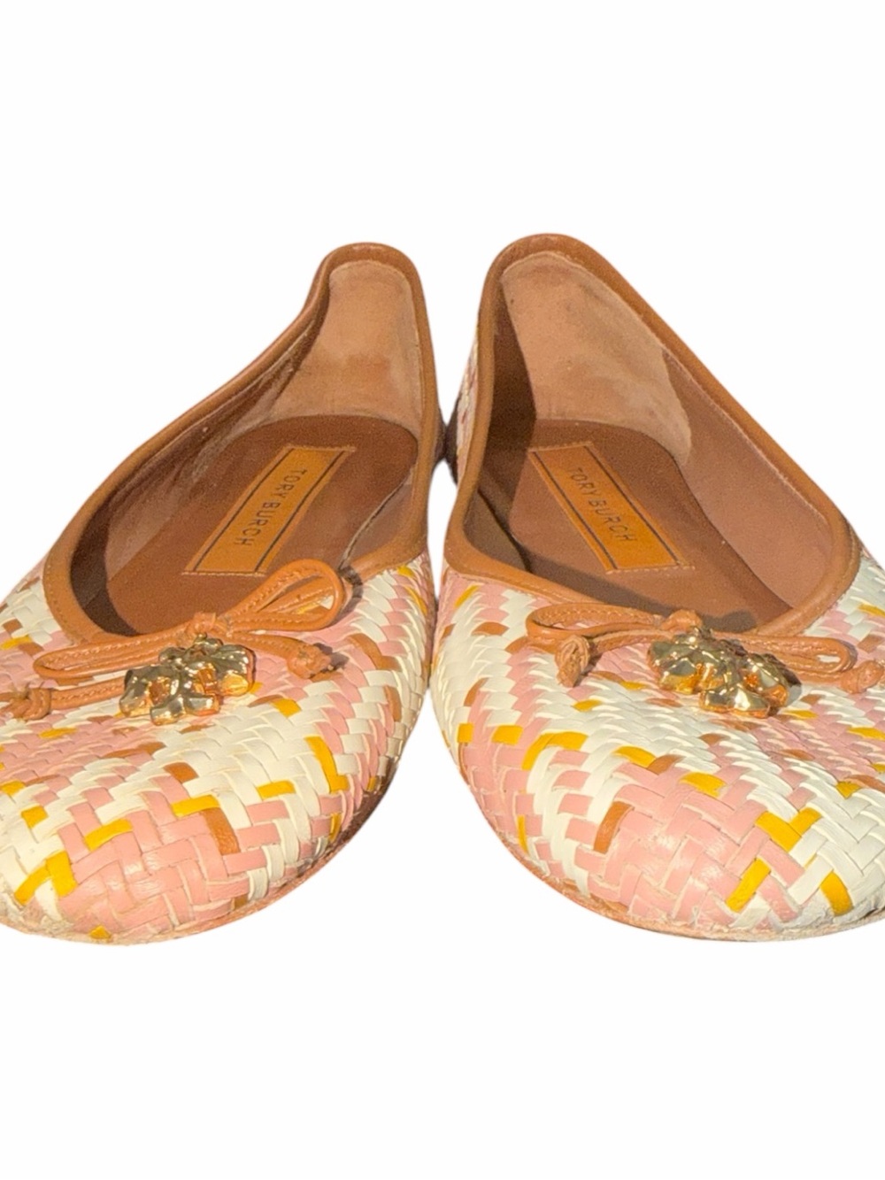 Tory Burch Pink Multi Woven Leather Bow Flats with Gold Logo Charm - Picture 7 of 8
